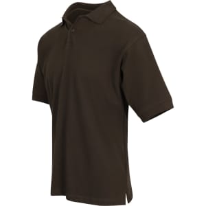 A dark olive green men's cotton polo shirt with a collar, short sleeves, and a side split. It features a logo.