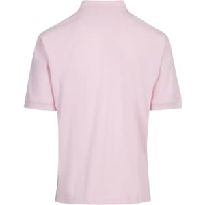 A light pink men's cotton pigment dyed polo shirt, featuring a collar and short sleeves, with a logo on the chest.