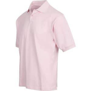 A light pink men's cotton pigment dyed polo shirt with a collar and short sleeves. Features a logo on the chest.