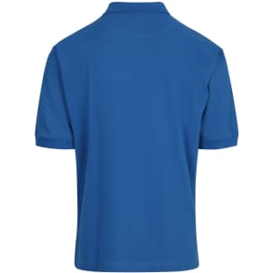 A blue men's cotton pigment dyed polo shirt featuring a collar and short sleeves. It has a logo on the back.