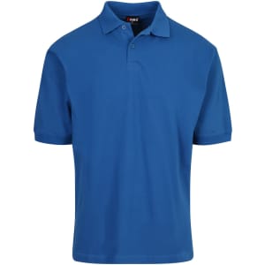 A blue men's cotton pigment dyed polo shirt with a collar, featuring a logo on the chest.