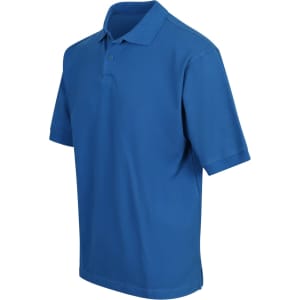 A blue cotton polo shirt with short sleeves and a collar, featuring a logo on the chest.