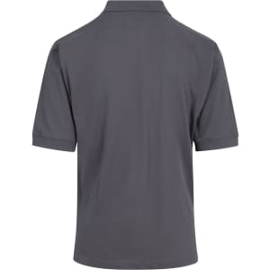 A grey men's cotton pigment dyed polo shirt with a classic collar and short sleeves, featuring a logo.
