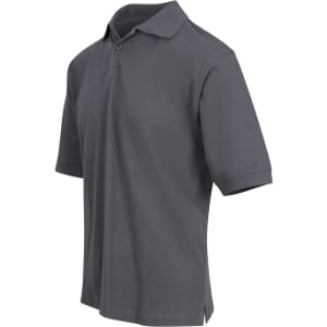 A dark grey men's cotton polo shirt with short sleeves and a collar, featuring a logo on the chest.