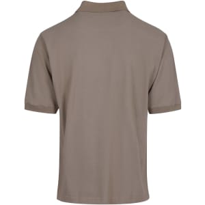 A men's cotton polo shirt in a muted grey-brown shade, featuring a classic collar and short sleeves, with a logo.