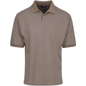 A light brown men's cotton polo shirt with a collar and short sleeves, featuring a branding logo.