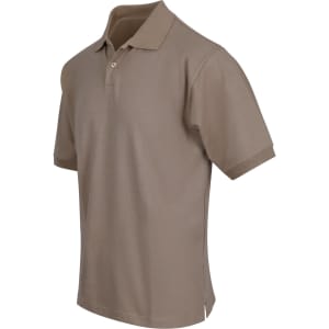 A men's cotton polo shirt in a khaki tone, featuring a collar and a small logo.