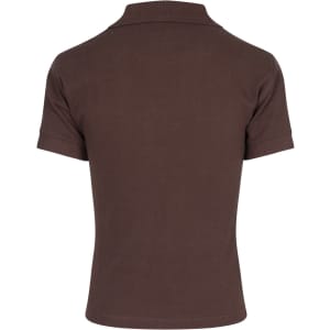 A Women's cotton polo shirt in dark brown with a collar and short sleeves. It features a logo.