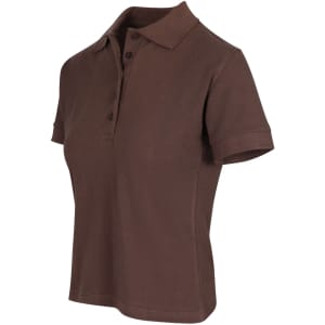 A brown women's cotton polo shirt with a classic collar and short sleeves, featuring buttons and a logo.