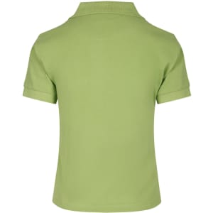 A light green women's cotton polo shirt features a classic design and a logo on the back.