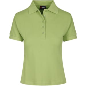 A light green women's cotton polo shirt featuring a button placket and a logo on the label.