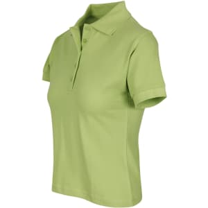 A women's cotton pigment dyed polo shirt in green with a collar and short sleeves, featuring a logo.