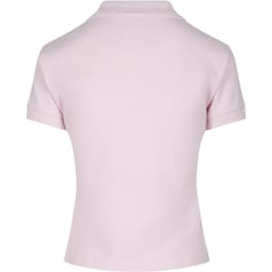 A light pink women's cotton polo shirt with a collar and rolled sleeves. Features a logo on the back.