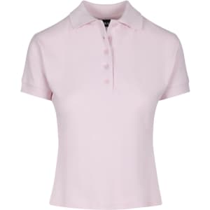 A women's short-sleeved polo shirt in soft pink, featuring a collar and a placket with buttons. It has a logo.