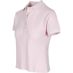 A women's polo shirt in a soft pink hue, featuring a classic collar and buttons, with a logo on the chest.