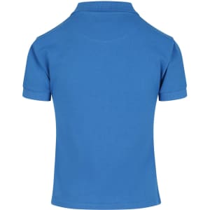 A blue women's cotton polo shirt with a collared neckline and short sleeves, featuring a logo on the back.