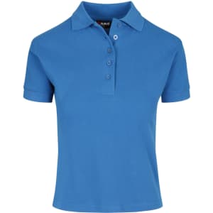 A blue women's cotton polo shirt with a classic collar and five buttons, featuring a logo on the tag.