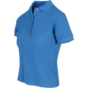 A blue women's cotton pigment dyed polo shirt with a classic collar and short sleeves, featuring buttons and a logo.