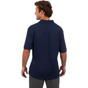 A navy Men's Cotton Pique Knit Polo shirt with a collar and short sleeves, featuring a logo on the front.