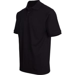 A black men's cotton pique knit polo shirt with a classic collar and short sleeves, featuring a logo.