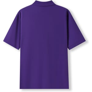 A purple men's cotton pique knit polo shirt featuring a collar and short sleeves, with a logo on the front.