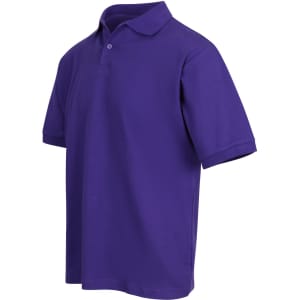 A purple men's cotton pique knit polo shirt with a collar and short sleeves, featuring a logo.