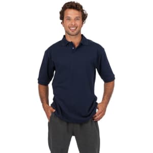A men's cotton pique knit polo in navy blue, featuring a collar and short sleeves, modelled by a smiling man.