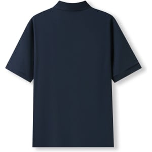 A navy blue men's cotton pique knit polo shirt, featuring a classic collar and short sleeves, with a logo branding.