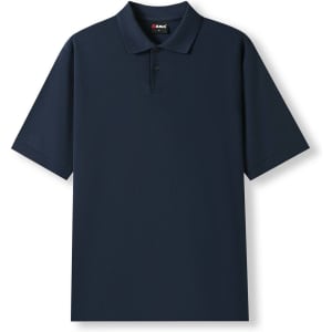Men's cotton pique knit polo in navy blue with a collar and short sleeves, featuring a logo.