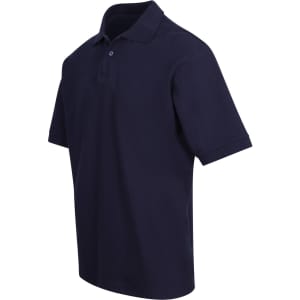 A navy blue men's cotton pique knit polo shirt with a logo on the chest and short sleeves.