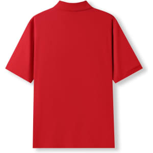 A red men's cotton pique knit polo shirt, featuring a collar and short sleeves, with a logo on the back.