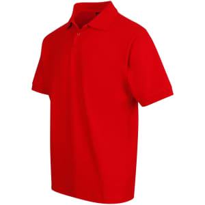 A red men's cotton pique knit polo shirt with short sleeves and a collar, featuring a logo.