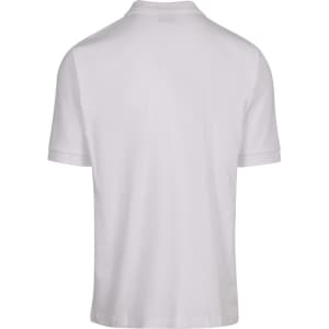A white men's cotton pique knit polo shirt featuring a collar and short sleeves, with a branding logo.