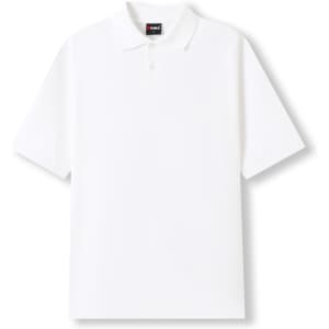 A white men's cotton pique knit polo shirt with a collar and branding on the neck.