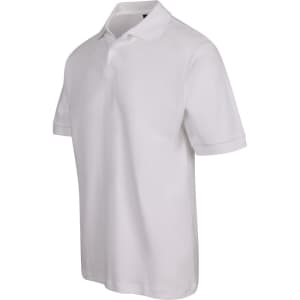 A white men's cotton pique knit polo shirt with a collar and short sleeves, featuring a logo on the chest.