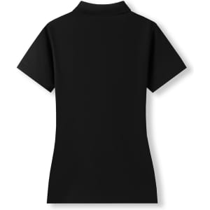 A black women's 100% cotton pique knit polo shirt featuring a classic polo collar and short sleeves, with a logo on the side.