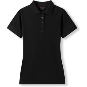 A women's black 100% cotton pique knit polo shirt with a classic collar and button placket.