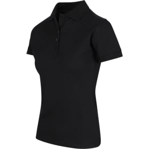 A women's black 100% cotton pique knit polo shirt with a classic collar and button closure. Features a logo.