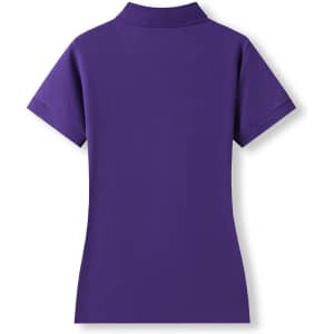 A purple women's 100% cotton pique knit polo shirt, featuring a collar and short sleeves, with a logo on the back.