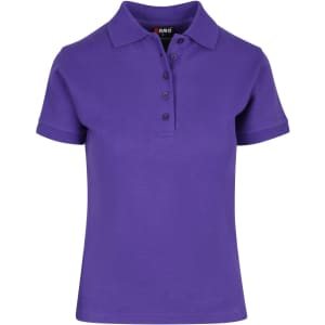 A purple women's 100% cotton pique knit polo shirt with a collared neckline and buttons. It features a branding logo.