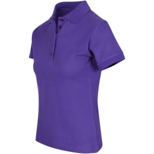 A purple women's 100% cotton pique knit polo shirt with a classic collar and buttoned placket.