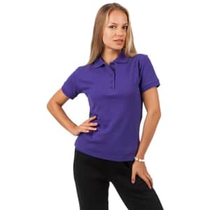A woman poses wearing a purple 100% cotton pique knit polo shirt with a classic collar and buttons.