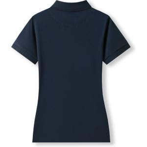 A navy women's 100% cotton pique knit polo shirt with short sleeves and a collar. Features a logo on the front.