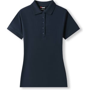A navy women’s 100% cotton pique knit polo shirt with a collar and five-button placket, featuring a logo.