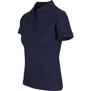 A navy women's 100% cotton pique knit polo shirt with a collared neck and short sleeves, featuring a logo.