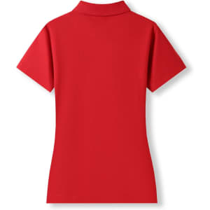 A red women's 100% cotton pique knit polo shirt with a collar and short sleeves, featuring a logo.