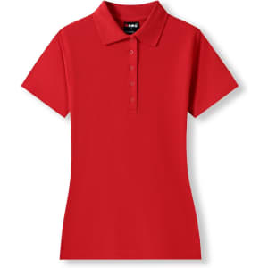 A red women's 100% cotton pique knit polo shirt with a collar and buttons. It has a logo on the label.
