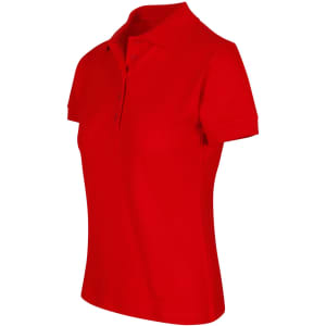 A red women's 100% cotton pique knit polo shirt featuring a collar and short sleeves, with a small logo.