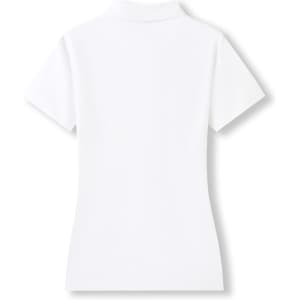 A white women's 100% cotton pique knit polo shirt with a short-sleeved design and a collar. Features a logo.