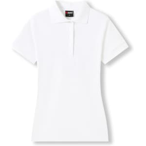 A white women's 100% cotton pique knit polo shirt featuring a classic collar and button placket.